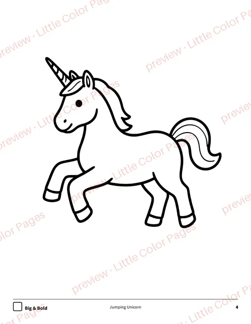 Big & Bold coloring page from the Unicorns Coloring Box: one jumping unicorn with thick lines